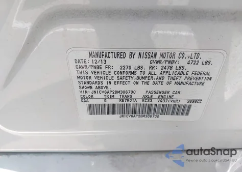2013 Infiniti G37 Journey/Sport z USA, uszkodzony, nr VIN JN1CV6AP2DM306700
